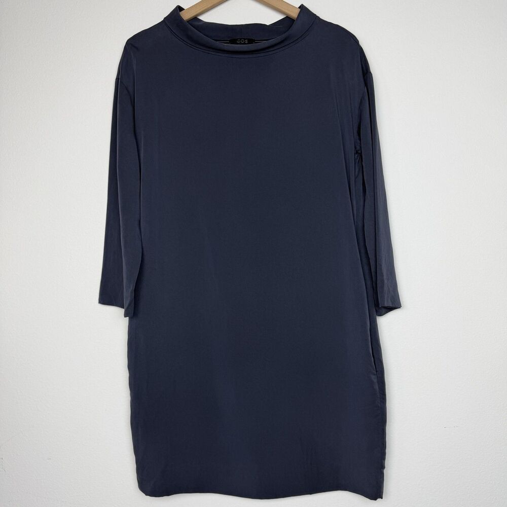 COS Dress Womens 4 Blue Mock Neck 3/4 Sleeve Shift Pockets Minimalist Short